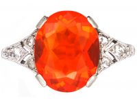 Art Deco 18ct White Gold & Platinum Ring set with a Fire Opal with Rose Diamond Set Shoulders