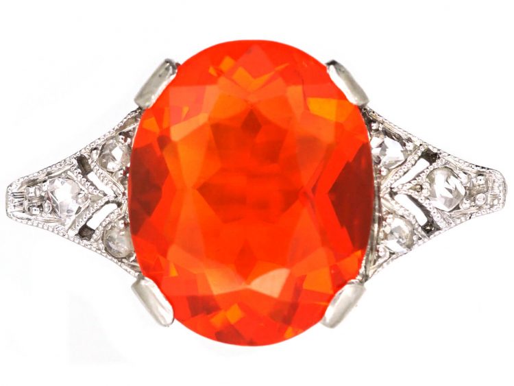 Art Deco 18ct White Gold & Platinum Ring set with a Fire Opal with Rose Diamond Set Shoulders