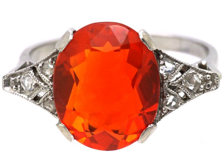 Art Deco 18ct White Gold & Platinum Ring set with a Fire Opal with Rose Diamond Set Shoulders