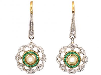 Early 20th Century 18ct Gold & Platinum Flower Drop Earrings set with Natural Pearls, Emeralds & Rose Diamonds