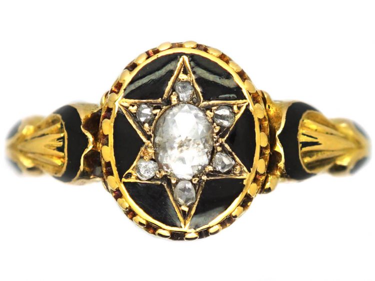 Victorian 18ct Gold, Black Enamel & Rose Diamond Star Mourning Ring