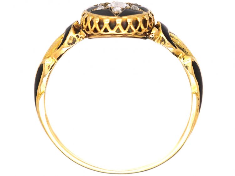 Victorian 18ct Gold, Black Enamel & Rose Diamond Star Mourning Ring