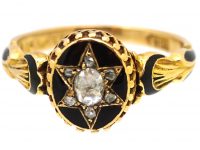 Victorian 18ct Gold, Black Enamel & Rose Diamond Star Mourning Ring