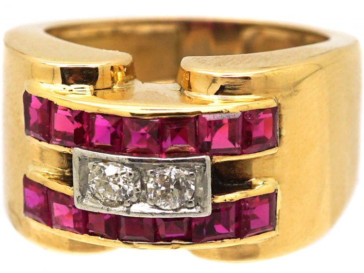 French Retro 18ct Gold, Ruby & Diamond Cocktail Ring