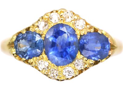 Victorian 18ct Gold, Three Stone Sapphire & Diamond Ring