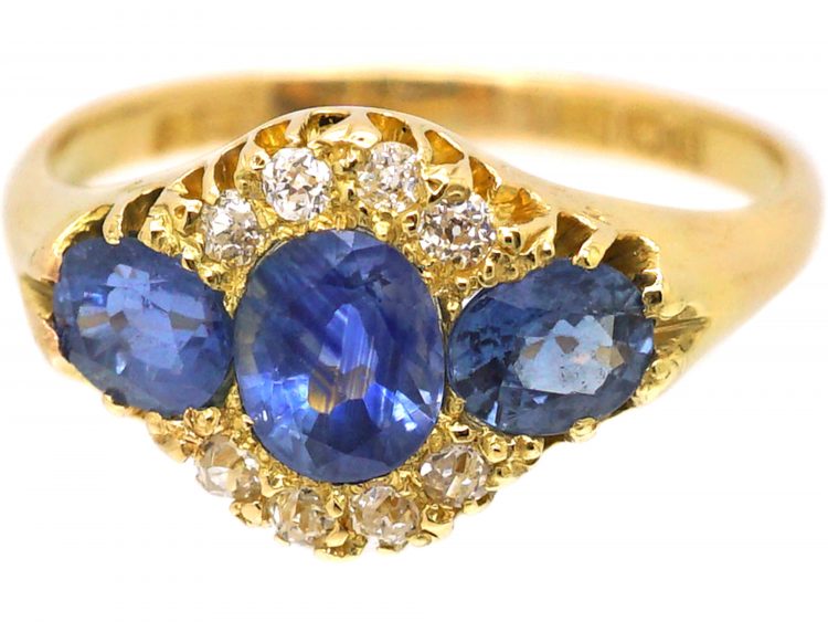 Victorian 18ct Gold, Three Stone Sapphire & Diamond Ring