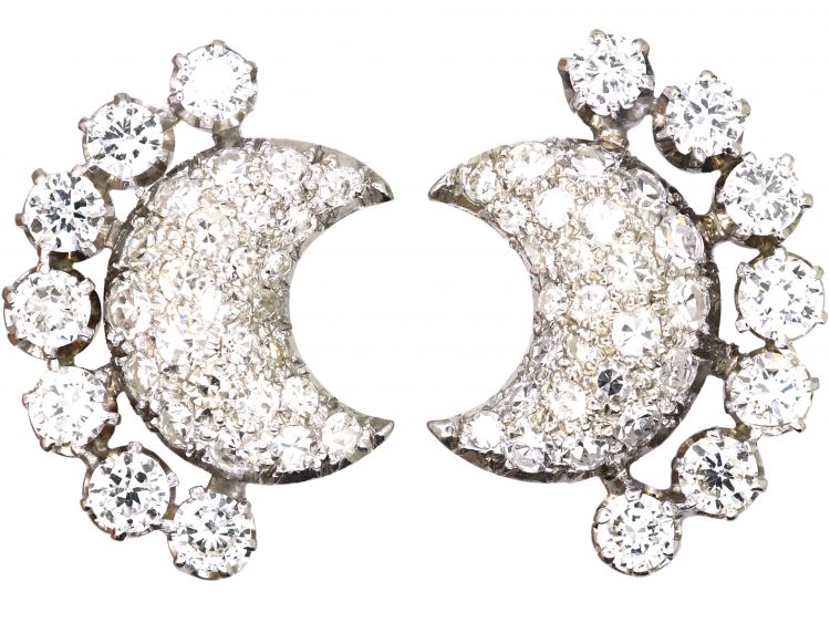 Retro 18ct White Gold Moon & Stars Earrings set with Diamonds