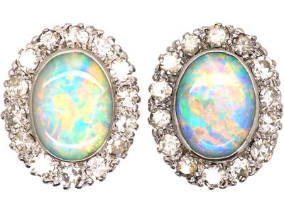 Early 20th Century 18ct White Gold, Opal & Diamond Oval Cluster Earrings