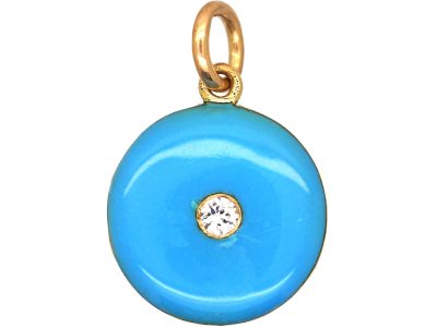 Victorian 15ct Gold & Turquoise Enamel Round Locket set with a Diamond