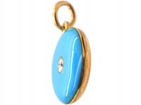 Victorian 15ct Gold & Turquoise Enamel Round Locket set with a Diamond