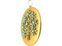 Victorian Large 15ct Gold Oval Locket with Flower Spray set with Turquoise & Natural Split Pearls