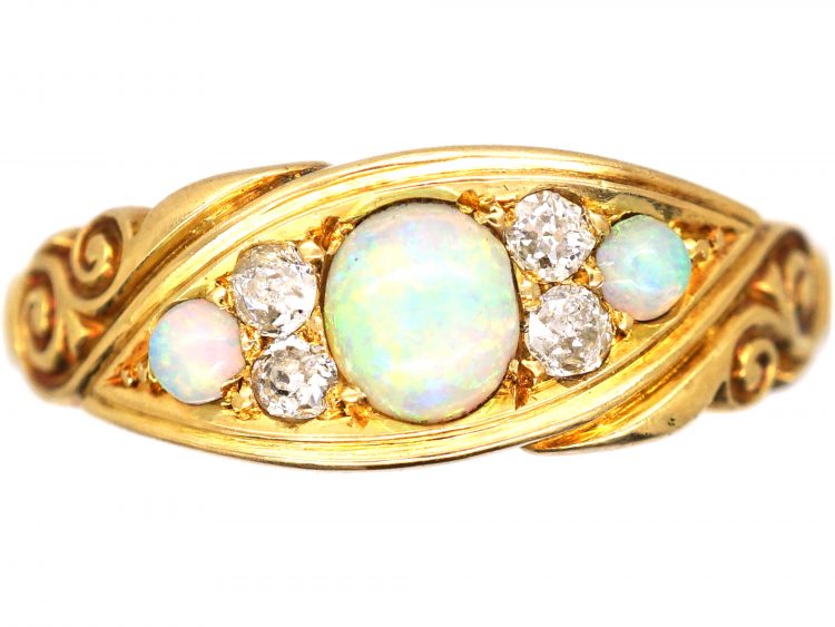 Victorian 18ct Gold, Three Stone Opal & Diamond Ring