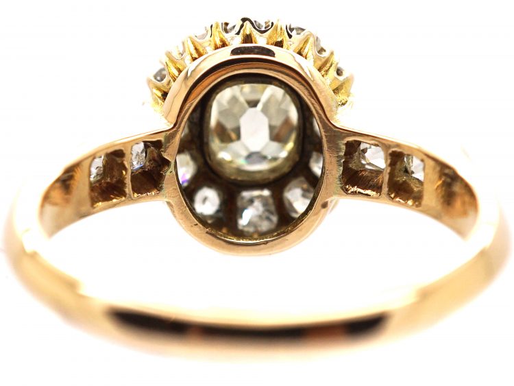 Victorian 18ct Gold, Old Mine Cut Diamond Cluster Ring with Diamond Set Shoulders