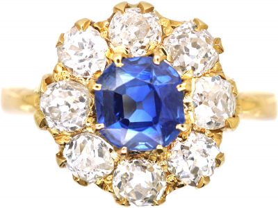 Edwardian 18ct Gold, Sapphire & Old Mine Cut Diamond Cluster Ring