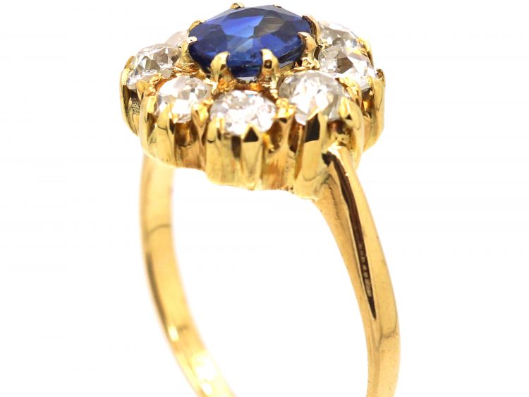 Edwardian 18ct Gold, Sapphire & Old Mine Cut Diamond Cluster Ring