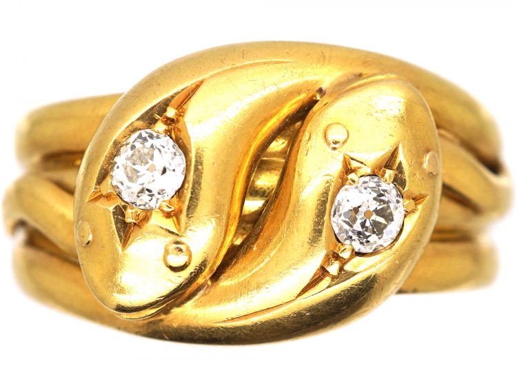 Edwardian Large 18ct Gold Double Snake Ring set with Diamonds