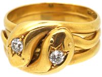 Edwardian Large 18ct Gold Double Snake Ring set with Diamonds