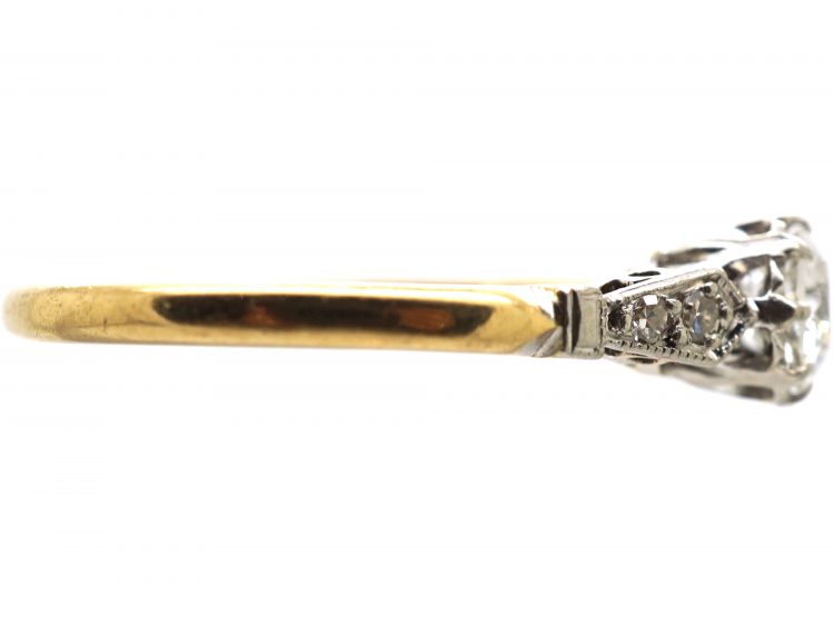 Early 20th Century 18ct Gold & Platinum, Diamond Solitaire Ring with Diamond Set Shoulders