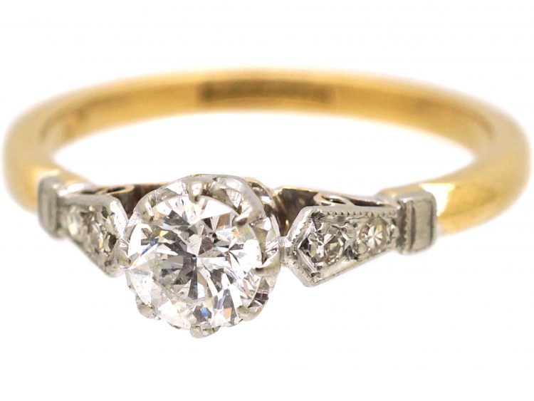 Early 20th Century 18ct Gold & Platinum, Diamond Solitaire Ring with Diamond Set Shoulders