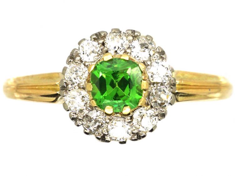 Edwardian 18ct Gold, Green Garnet & Diamond Cluster Ring