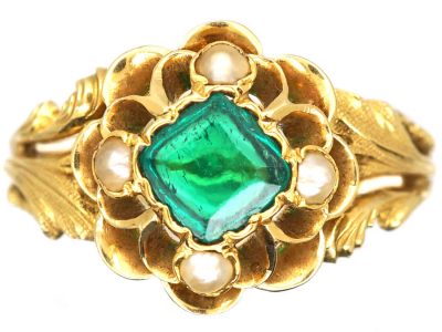 19th Century French 18ct Gold Ring set with an Emerald & Natural Split Pearls