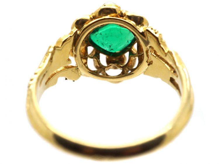 19th Century French 18ct Gold Ring set with an Emerald & Natural Split Pearls