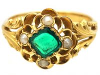 19th Century French 18ct Gold Ring set with an Emerald & Natural Split Pearls