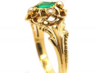 19th Century French 18ct Gold Ring set with an Emerald & Natural Split Pearls