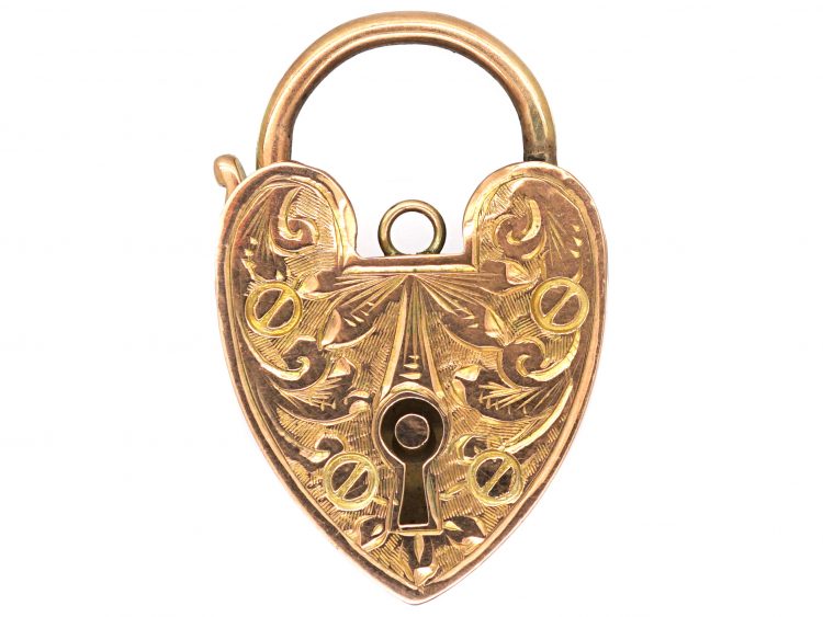 Edwardian 9ct Gold Engraved Heart Padlock