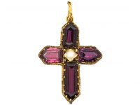 Early Victorian 15ct Gold Cross set with Almandine Garnets & a Split Pearl