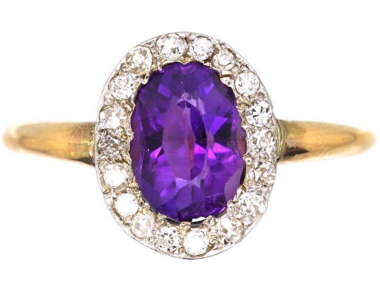 Edwardian 18ct Gold & Platinum, Amethyst & Diamond Oval Cluster Ring