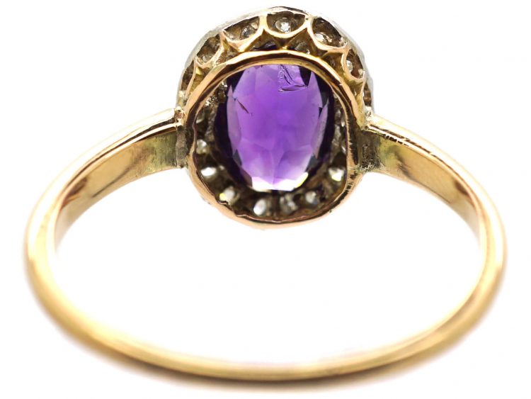 Edwardian 18ct Gold & Platinum, Amethyst & Diamond Oval Cluster Ring