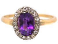 Edwardian 18ct Gold & Platinum, Amethyst & Diamond Oval Cluster Ring