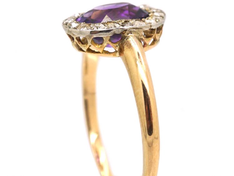 Edwardian 18ct Gold & Platinum, Amethyst & Diamond Oval Cluster Ring