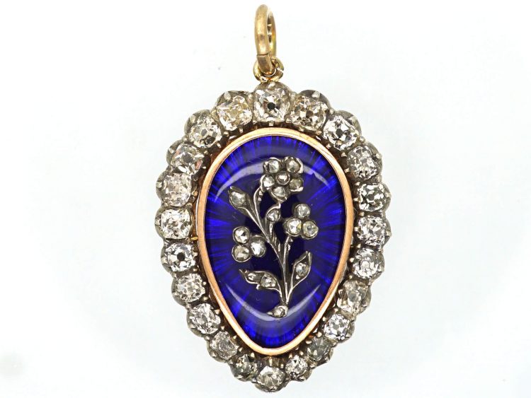 Georgian 9ct Gold Pear Shaped Pendant set with Old Mine Cut Diamonds & Blue Glass