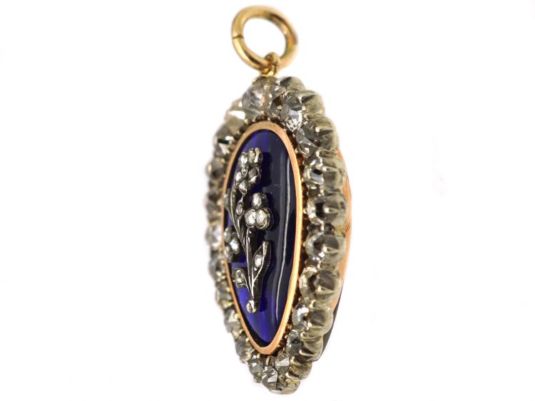 Georgian 9ct Gold Pear Shaped Pendant set with Old Mine Cut Diamonds & Blue Glass