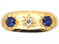 Edwardian 18ct Gold, Three Stone Sapphire & Diamond Gypsy Ring