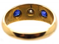 Edwardian 18ct Gold, Three Stone Sapphire & Diamond Gypsy Ring