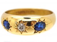 Edwardian 18ct Gold, Three Stone Sapphire & Diamond Gypsy Ring