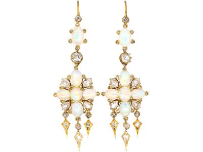 Victorian 18ct Gold, Opal & Diamond Drop Earrings