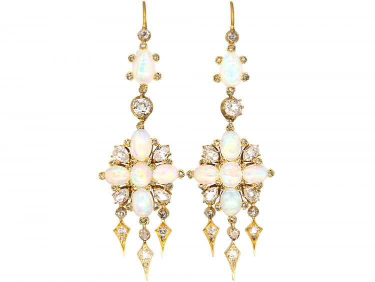 Victorian 18ct Gold, Opal & Diamond Drop Earrings