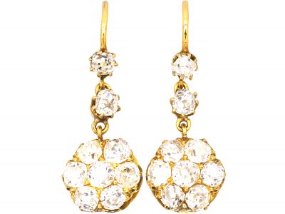 Edwardian 18ct Yellow Gold Drop Diamond Cluster Earrings