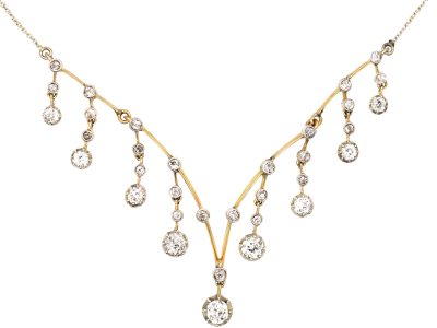 Edwardian 15ct Gold & Platinum Necklace with Diamond Drops