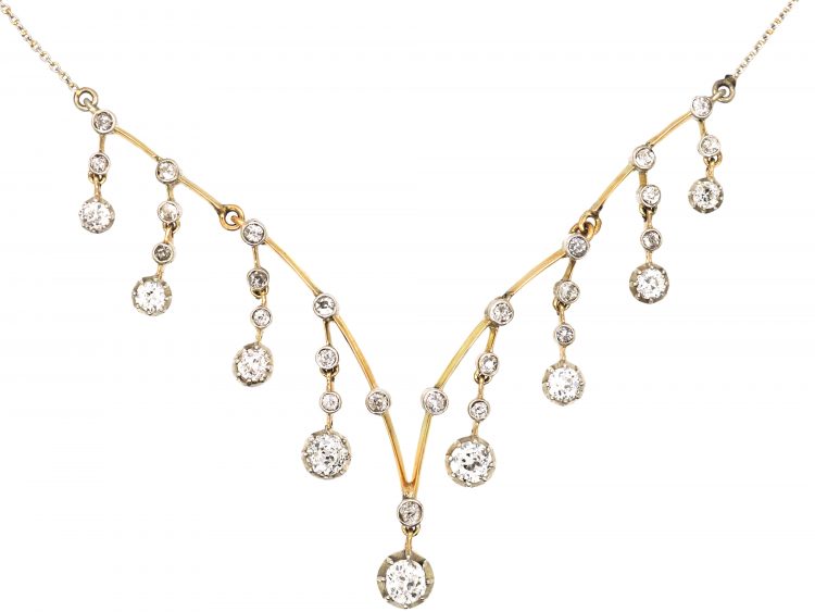 Edwardian 15ct Gold & Platinum Necklace with Diamond Drops