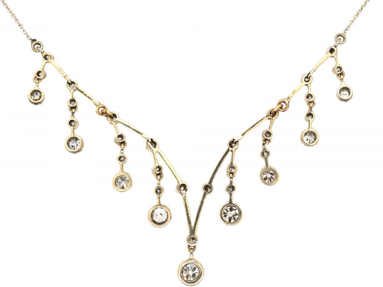 Edwardian 15ct Gold & Platinum Necklace with Diamond Drops