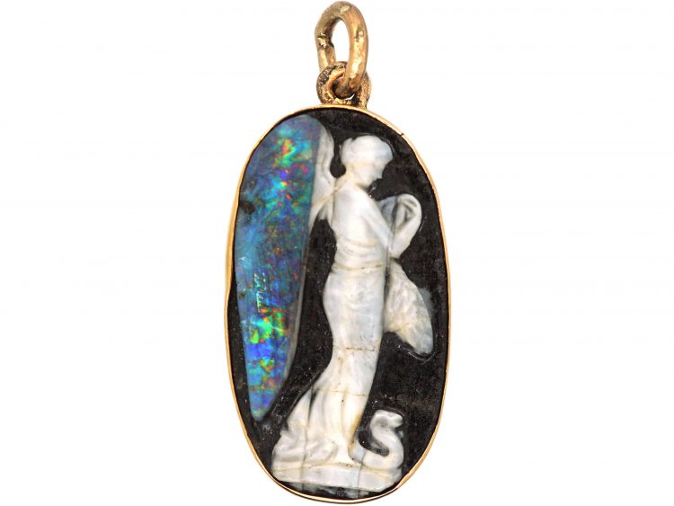 Edwardian 9ct Gold & Carved Opal Pendant of an Angel