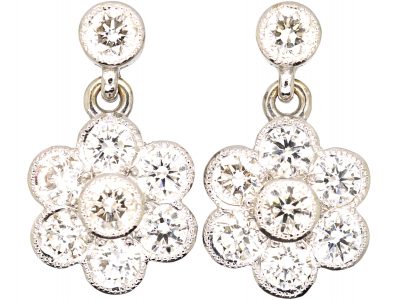 Platinum Diamond Daisy Cluster Drop Earrings