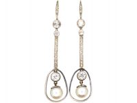 Edwardian 15ct Gold & Platinum Drop Earrings set with Diamonds & Natural Pearls