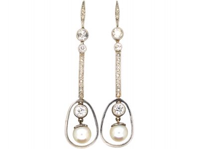 Edwardian 15ct Gold & Platinum Drop Earrings set with Diamonds & Natural Pearls