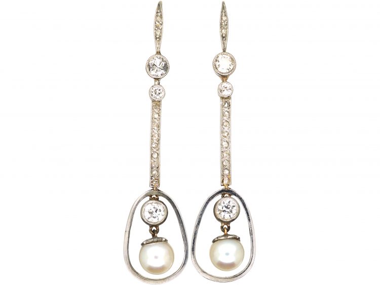 Edwardian 15ct Gold & Platinum Drop Earrings set with Diamonds & Natural Pearls